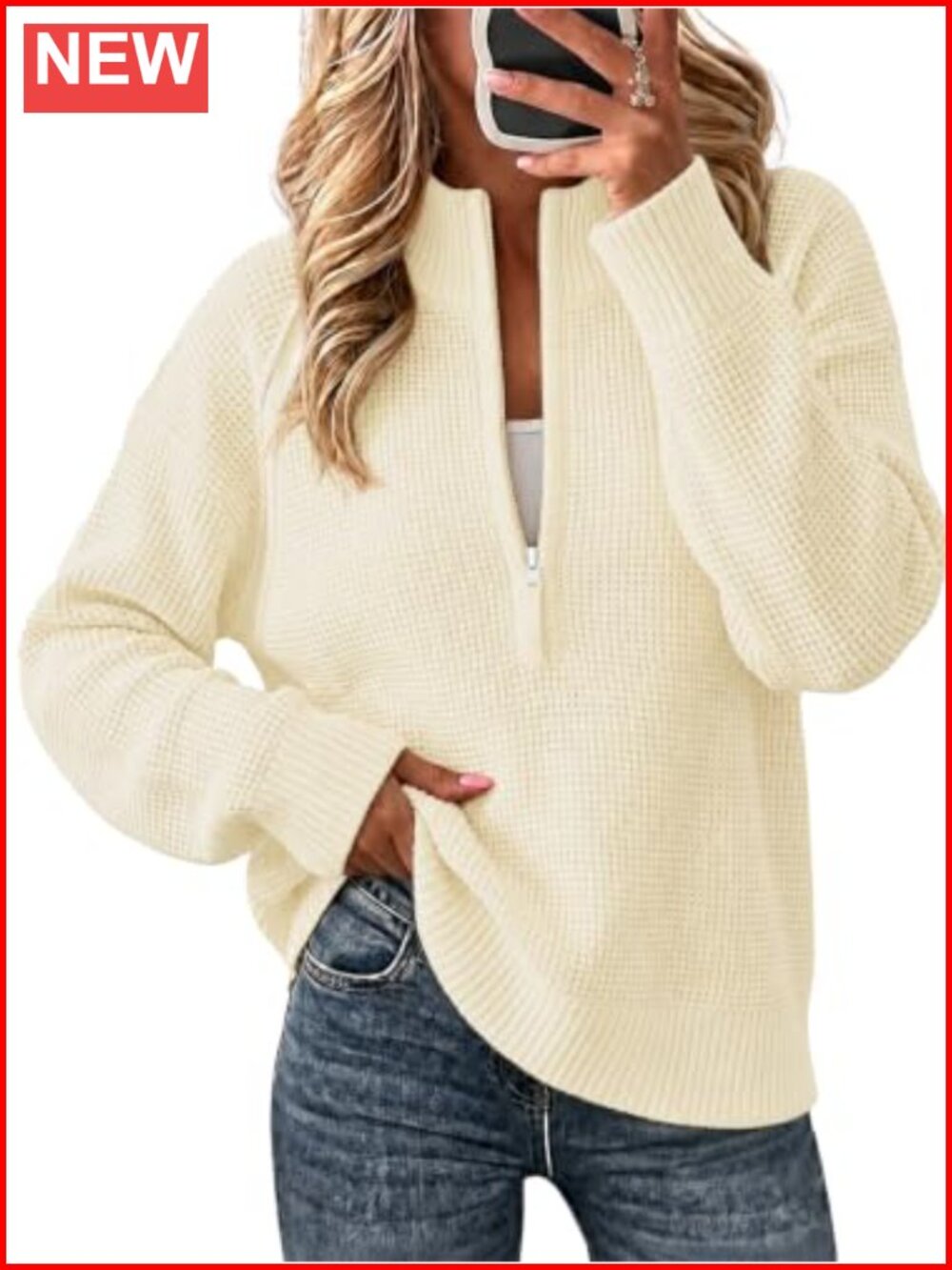 Womens Quarter Zip Pullover Sweater Waffle Knit Long Sleeve Top